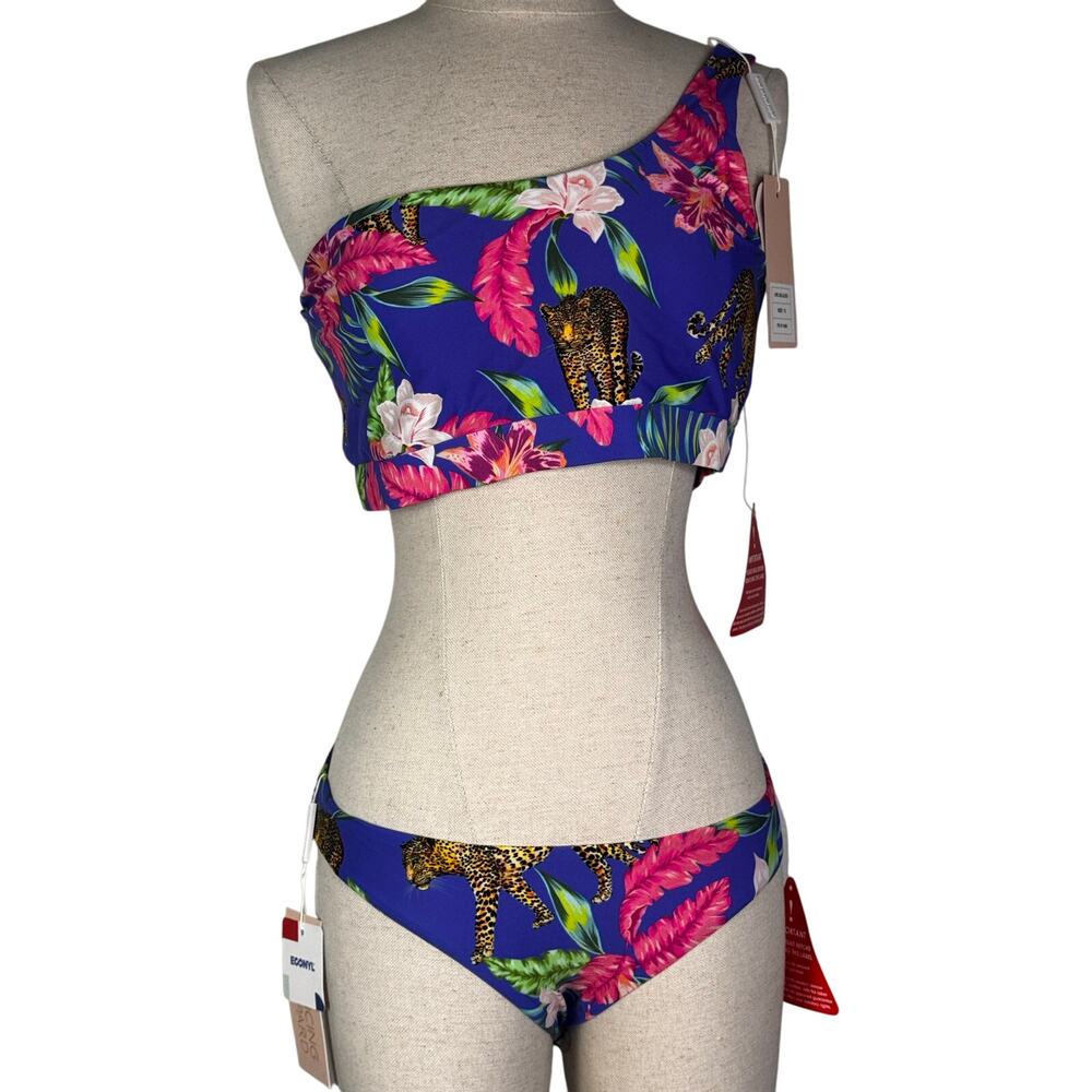 NWT- Dancing Leopard Bikini Top Size 12 Bottom Size 8 Blue/Hot Pink